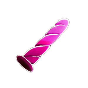 A cartoony drawing of a NoFrillDo, the R in M, for Magenta. the R is a helically grooved straight cylinder ending in a round tip.