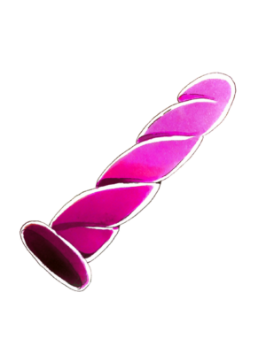 A cartoony drawing of a NoFrillDo, the R in M, for Magenta. the R is a helically grooved straight cylinder ending in a round tip.
