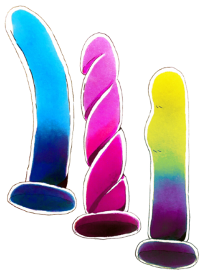 all three series 1 NoFrillDo dildos, the helically grooved R, the curved G, and the B with bumps on the side of the shaft at the end.